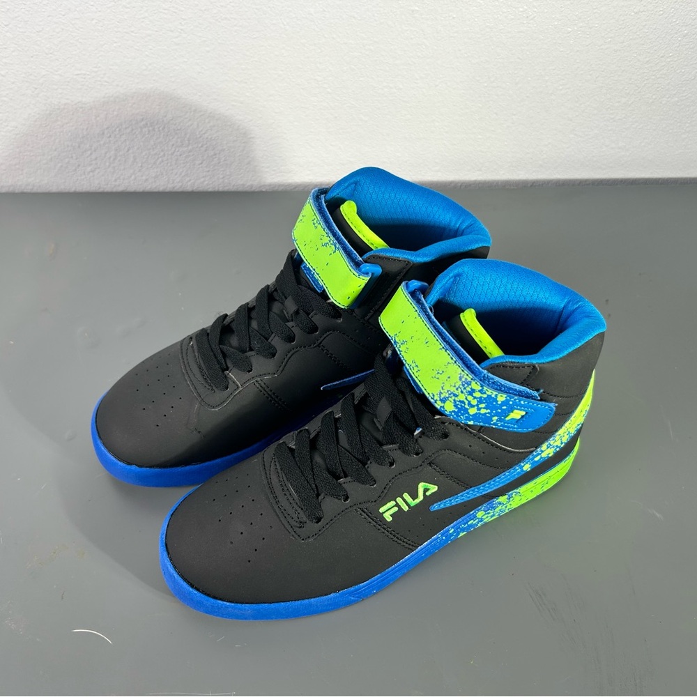 Fila Black and Blue Kids' High-Tops with Green Accents
